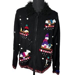 Womens Karen Scott Sport Petite Ugly Christmas Cardigan Polar Bears Zip Sz PS